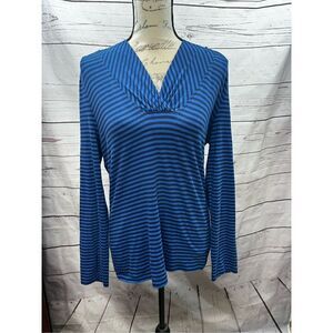 Striped V Neck Long Sleeve Top Blue Lightweight Casual‎ Everyday